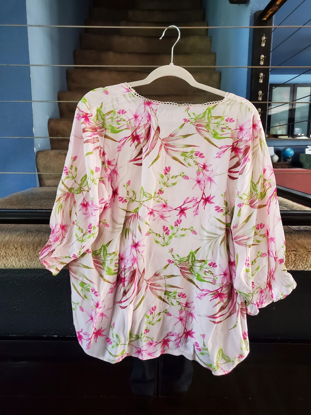 CeCe White Floral V-Neck 3/4 Sleeve Blouse with Pink & Green Print - Picture 2 of 3